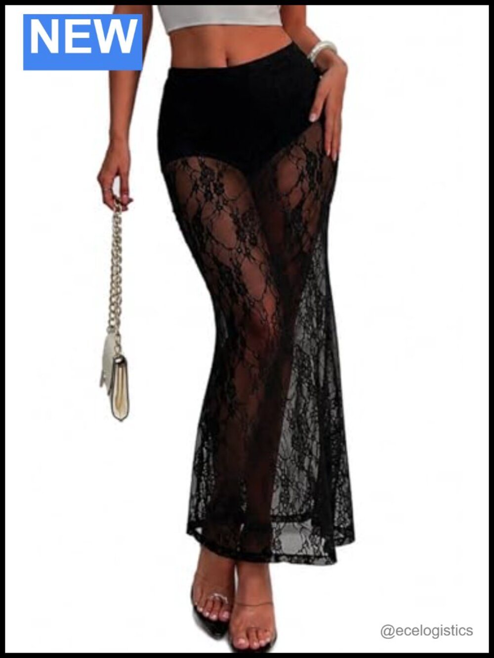 Sheer Lace Maxi Skirt High Stretch Nylon Spandex Mermaid Silhouette Y2K Party